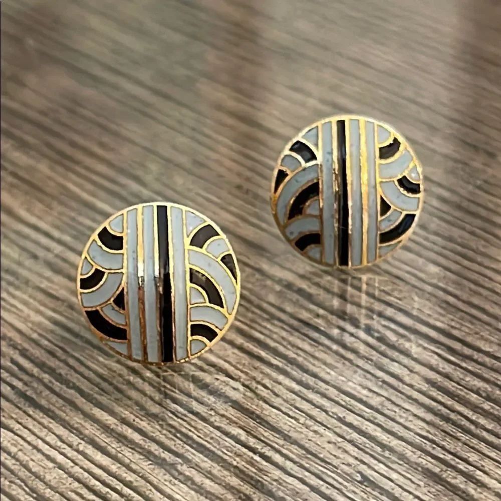 Vintage Round Light Blue or Grey & Black Enamel Earrings with a Woven Pattern